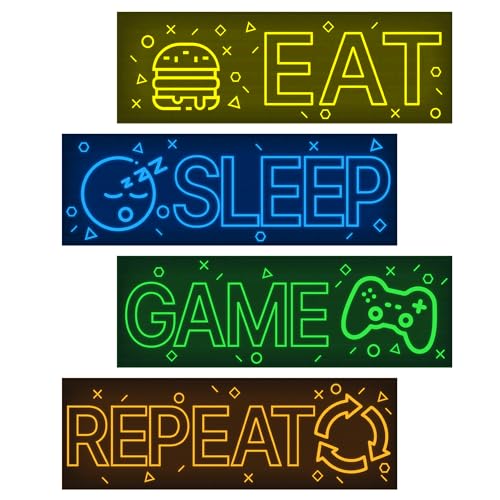 4 Pcs Glow in The Dark Neon Game Wall Stickers, Boys Gamer Room Wall Decals, EAT Sleep Game Repeat Gaming Sticker, Kids Bedroom PlayRoom Nursery Decor, Blue - color: Luminescent-043wscp-multi