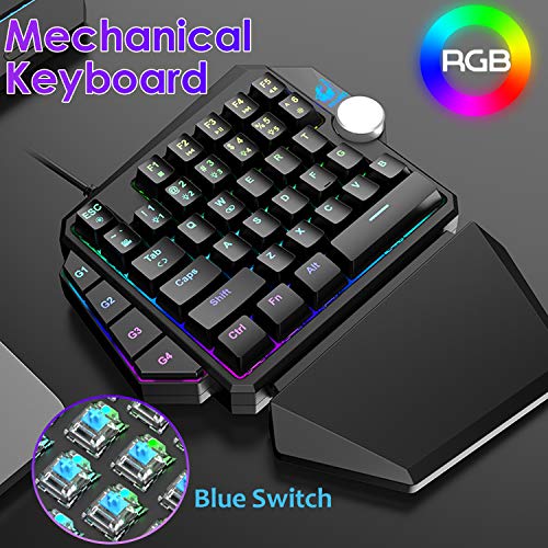 One-Handed RGB Mechanical Gaming Keyboard,Upgrade Multimedia Knob USB Wired Professional Gaming Keypad with Macro Function, Detachable Wrist Rest For PC/Xbox/PS4 (Black/Blue Switch)