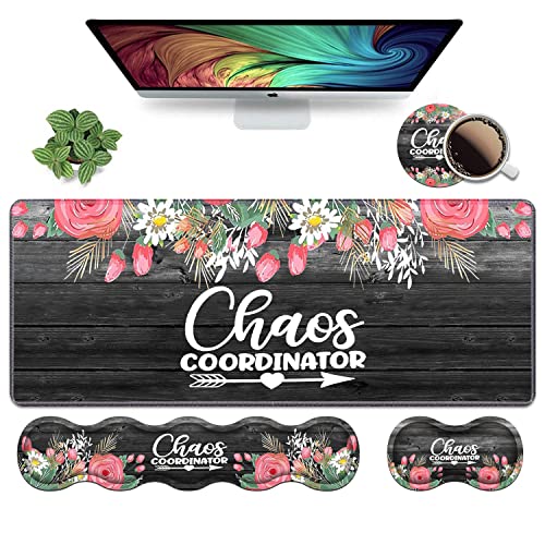 Ergonomic Keyboard Wrist Rest & Mouse Pad Wrist Rest Set,Large XXL Gaming Desk Mat 31.5"x 11.8",Non-Slip Base,Memory Foam,Easy Typing Pain Relief, Chaos Coordinator Quotes Colored Floral Wreath Print - color: Chaos Coordinator Quotes Colored Floral Wreath
