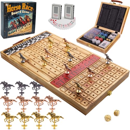 Horse Race Board Game, 11 Metal Horses Cards Dice Chips(Light Flame) | Foldable solid wood board, 11 premium metal horses, includes cards, 2 dice & 100 chips, family party desktop game for adults - color: Large Folding Box-light Burnt