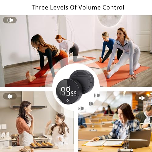 Digital Kitchen Timers, Magnetic Rotary Timer with Large LED Display, 3 Volume Levels, 0-199Min Countdown/Up, Easy Operation for Cooking, Studying, Fitness, Kids & Seniors - color: Black