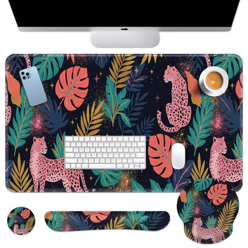 Arttown Keyboard Mouse Pad Set, 4 in 1 Desk Mat Set Leopard Tropical | Pink Leaves Large Mousepad+Keyboard Wrist Rest+Mouse Wrist Rest+Coaster Ergonomic Design for Home Office Computer - color: Pink Leopard