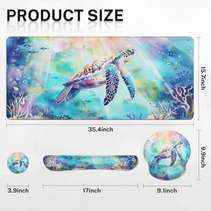 Britimes Sea Turtle Cute Ocean Keyboard Mouse Pad Set 4in1 Large Mousepad+Keyboard Wrist Rest+Mouse Wrist Rest+Coaster Set with Ergonomic Design for Home Office Computer 35.4x15.7 inches - color: Sea Turtle