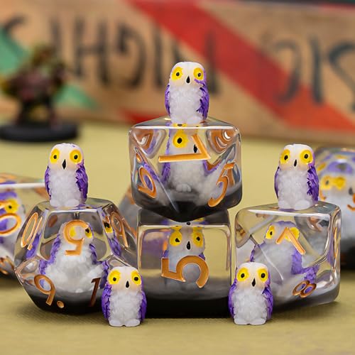 DND Owl Resin Dice Set, Animal Polyhedral Dice for Dungeons and Dragons, RPG, MTG D&D 7-DIE (D4, D6, D8, D10, D12, D20, D%) - color: Owl