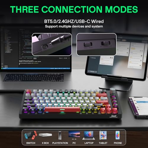 H83 PRO Wireless Mechanical Gaming Keyboard 75% Layout, Gaming Equipment Gasket Mounted - Hot Swappable Cardamom Switches, PBT Keycaps, RGB Backlit, USB-C/2.4G/BT5.0 for Win/Mac/Linux - color: H83 Pro Crimson Frost