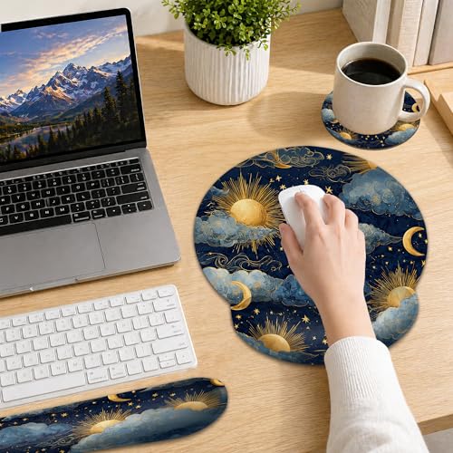 Starry Night Keyboard Wrist Rest Pad Ergonomic Mouse Pad Set,Sun Moon 3 in 1 Memory Foam Mouse Pad with Non Slip Base for Office and Home - color: Starry Night Sun Moon
