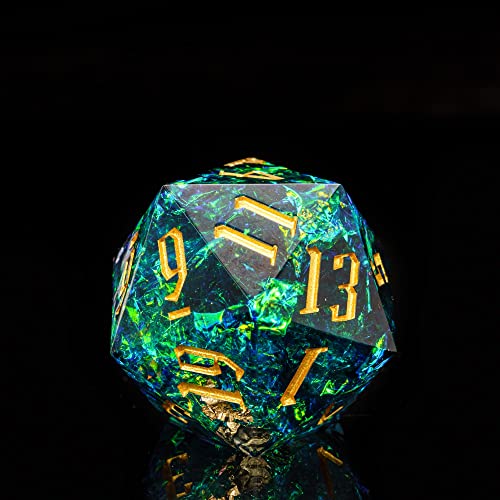 Cusdie Single D20 DND Dice with Sharp Edges and Glitter Foil Inclusions, 20 Sided D&D Dice, 33mm Handcrafted Polyhedral Dice, for Role Playing Game (Blue) - color: Blue