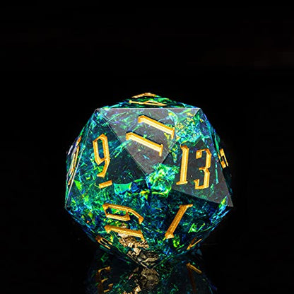 Cusdie Single D20 DND Dice with Sharp Edges and Glitter Foil Inclusions, 20 Sided D&D Dice, 33mm Handcrafted Polyhedral Dice, for Role Playing Game (Blue) - color: Blue