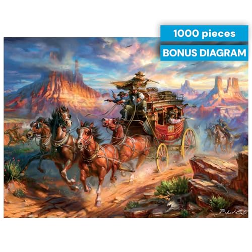 Buffalo Games – Blend COTA Wild Wild West 1000 Piece Jigsaw Puzzle, Western Action Art Puzzle for Adults in Premium Gift Box | Poster Included, Precision-Cut Fit, Drawer-Style Box, Wild West Stagecoach Chase, Adult Puzzles 1000 Pieces