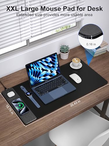 TopMade Mouse Pad with 15W Fast Wireless Charging, 35.43"x15.75" XXXL Large Gaming Mousepad, Waterproof Desk Pad, Classic Black Computer Desk Mat(Includes 20W PD Power Adapter & 6.56ft Woven Cable) - color: Black-35.4"x15.8"-with Adapter