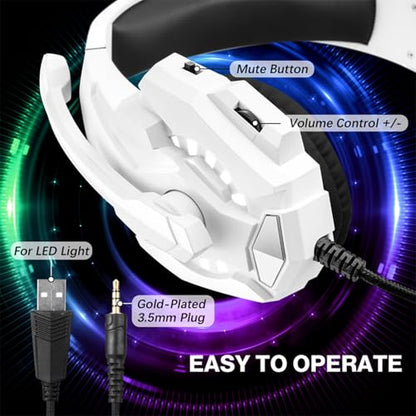 Cuifati Gaming Headset, Over Ear Headphone with Noise Cancelling Microphone and LED Lights, 40mm Drivers for PC, Laptop, Mobile Phone, Gaming Console (White) - color: White
