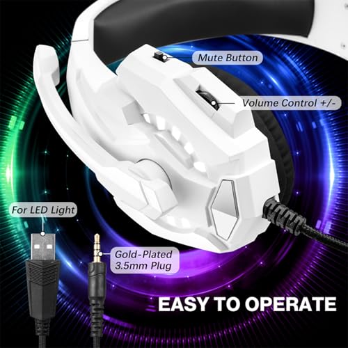 LICAEVEY Gaming Headset, Over Ear Headphone with Noise Cancellation Mic, LED Light, 40mm Drivers, 120 Adjustable Mic for PC, Laptop, Phone, Console (White) - color: White