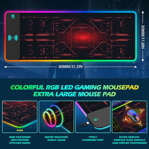 ToLuLu RGB Gaming Wireless Charging Mouse Pad, 10 Light Modes LED Mouse Pad | 5/7.5/10/15W Computer Keyboard Mat Mousepad, 800x300x4MM Extended Large Desk Mat for Gaming, MacBook, Laptop, PC,Cool Red - color: Cool Red