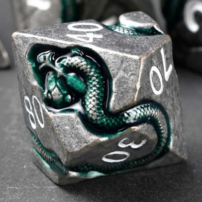 Serpent’s Cunning Metal DND Dice Set, 7 Piece Weighted Polyhedral Dice for Dungeons and Dragons, Balanced RPG Dice with Storage Case for Pathfinder Tabletop Games - color: Ancient Silver
