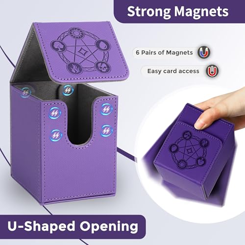 Card Deck Box with 2 Dividers, MTG Commander Deck Box Holds 100+ Double-Sleeved Cards, Leather Magnetic Deck Case Compatible with Magic TCG CCG Cards, Purple - color: 2. Purple, size: 100 Double-sleeved Cards Vertical