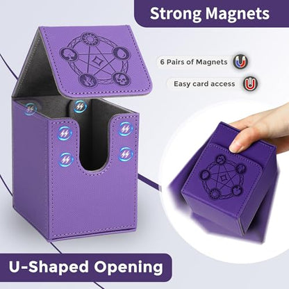 Card Deck Box with 2 Dividers, MTG Commander Deck Box Holds 100+ Double-Sleeved Cards, Leather Magnetic Deck Case Compatible with Magic TCG CCG Cards, Purple - color: 2. Purple, size: 100 Double-sleeved Cards Vertical
