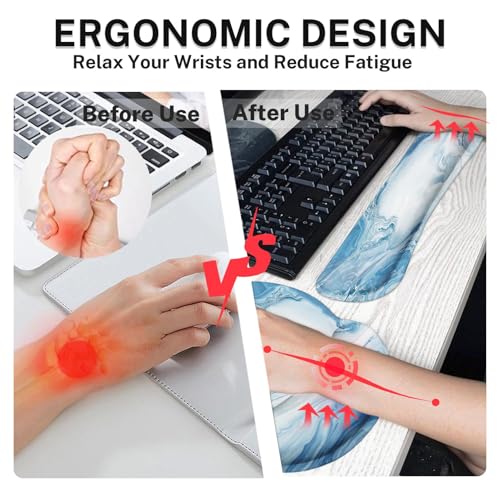 Arttown Keyboard Mouse Pad Set, 4 in 1 Desk Mat Set Marble Abstract | Ocean Blue Gradient Large Mousepad+Keyboard Wrist Rest+Mouse Wrist Rest+Coaster Ergonomic Design for Home Office Computer - color: Blue White Marble