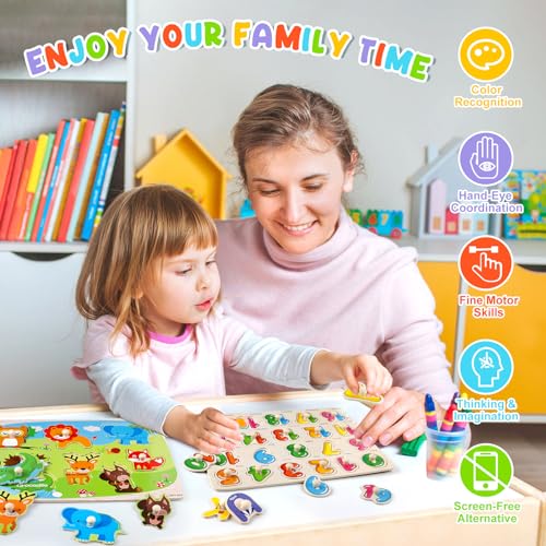Attmu Wooden Puzzles for Toddlers, 6 Pcs Alphabet Puzzle ABC Shape Number Animal Farm Puzzle, Learning Toys for Kids, Preschool Educational Activities Toddler Gift Toys for Girls Boys Christmas Easter - size: 6 Pack