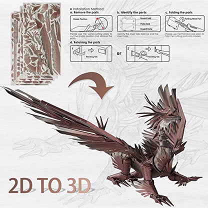 Piececool 3D Puzzles for Adults, Hellstrom Dragon Metal Model Building Kits, Challenging Brain Teaser Metal Puzzles for Stress Relief - color: Darkred