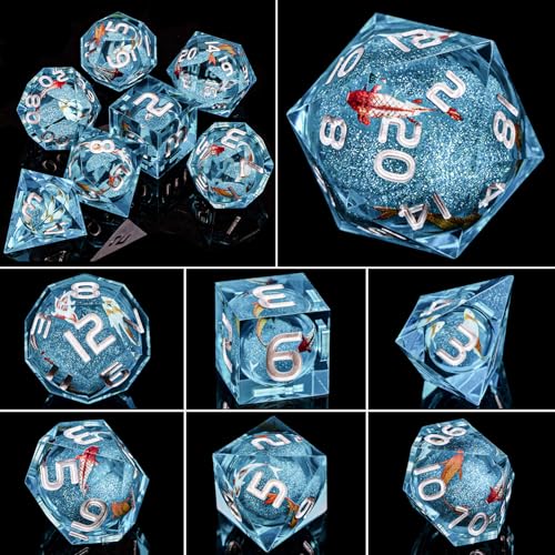 ARUOHHA Liquid Core DND Dice Set, 7pcs Resin Blue Sharp Edged Dragons Dice Compatible with D&D Role Playing Games, Handmade RPG Koi Fish Dungeons Polyhedral Dice Set D20 D12 D10 D8 D6 D4 - color: Hy-blue