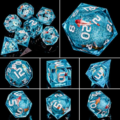 ARUOHHA Liquid Core DND Dice Set, 7pcs Resin Blue Sharp Edged Dragons Dice Compatible with D&D Role Playing Games, Handmade RPG Koi Fish Dungeons Polyhedral Dice Set D20 D12 D10 D8 D6 D4 - color: Hy-blue