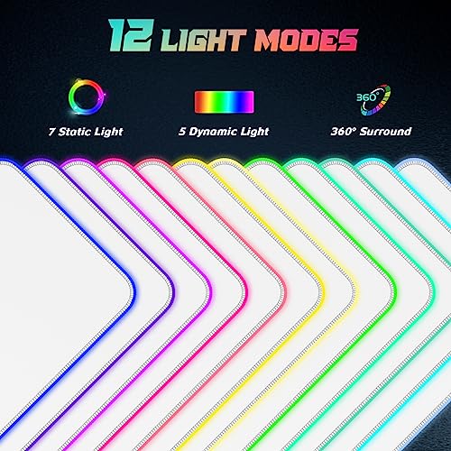 ITNRSIIET RGB Gaming Mouse Pad, Full Desk XL Extended Large Gaming Mousepad, 12 Lighting Modes 30% Thicker Big LED Desk Mat for Gamers, 32 x 12 inches, White - color: White