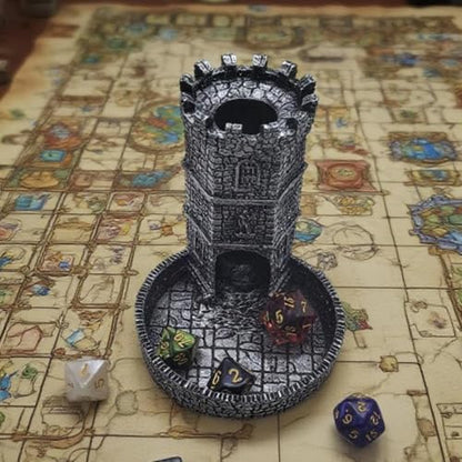 Tower Castle Retro DND Dice Rolling Tower Dice Tower Dungeons and Dragons Dice Jail D&D Accessories (Random 7PCS D20 Dice Set Included) Silver