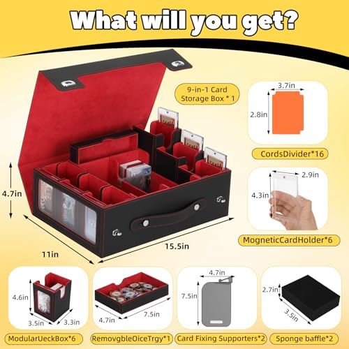 MTG Commander Deck Box with Handle, 6Removable Boxes,2-Row Case & Dice Tray | 9-in-1 Large Card Storage Box, Holds 1400+ Double-Sleeved Cards, Display Window,Mag Holders, Latch Closure,Fit TCG/EDH,Red - color: Red