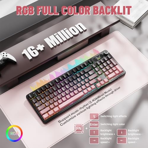 MAMBASNAKE Attack Shark X98 Pro Wireless Mechanical Keyboard with Screen & Knob, 2.4G/USB-C/BT5.0 Gasket Hot Swappable Creamy Keyboard102 Keys, Web Driver RGB Gaming Keyboard for PC/Mac/PS4/Xbox - color: Pink