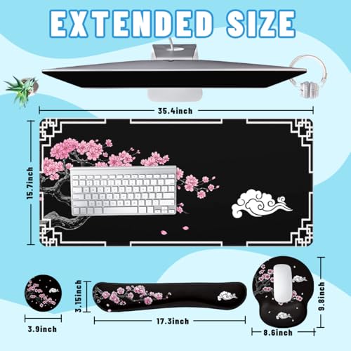 Cherry Blossom Desk Mat Set Oriental Black Zen Art Mouse Pad with Wrist Rest 4in1 Desk Mat for Desktop Ergonomic Computer Desk Arm Wrist Anti-Slip Computer Ergonomic Mouse Pad Home Office Gaming - color: Cherry Blossom