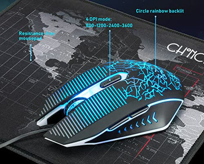 Keyboard and Mouse Gaming LED Wired Combo with Emitting Character Keyboard 4800DPI 2 Side Button USB Mouse Rainbow Backlit Mechanical Feeling Compatible with PC Raspberry Pi Mac Xbox one ps4 - color: 910b