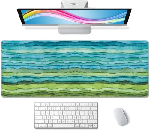 Waves Desk Mat Blue and Green Large Mouse Pad Desk Pad Desk Accessories for Women Men Office Decor, XL Mousepad Long Laptop Keyboard Mouse Mat 31.5''X11.8'' Non-Slip Rubber Base with Stitched Edges - color: Blue and Green Waves
