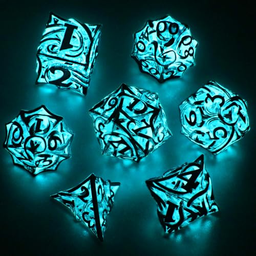 FONVGOGO Glow in The Dark Light up DND Dice Metal for Dungeons and Dragon 7 Polyhedral Dice Set Hollow Metal Vine D and D RPG Dice for Role Playing Game (Vine Glow Blue) - color: Vine Glow Blue