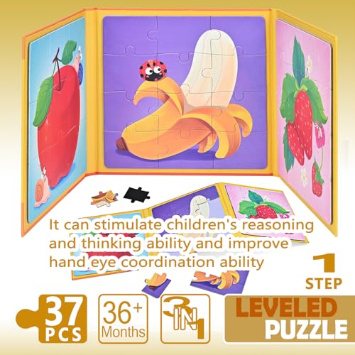 D-KINGCHY Magnetic Puzzles for Kids Ages 3+, 3-in-1 Puzzle Book 9 12 16 Pieces, Travel Jigsaw Puzzles, Road Trips Toys for 3 4 5 6 7 Boys Girls Birthday Gift (Fruits) - style: Fruits