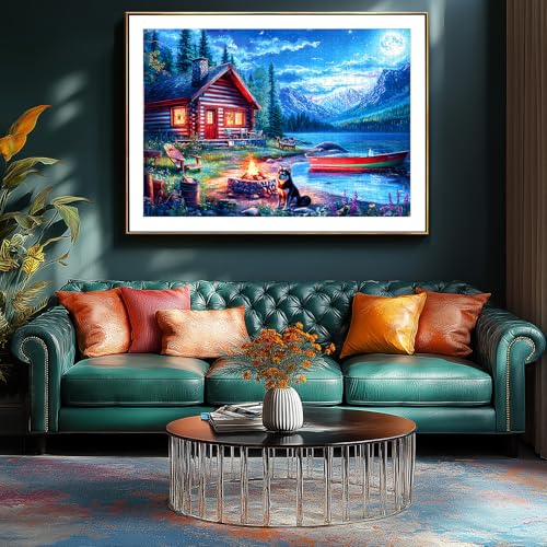 Moonlit Lake Cabin 500 Piece Jigsaw Puzzle for Adults & Seniors, Night Scenery Puzzle with Log Cabin, Lake, Mountains Adult Jigsaw Puzzles with Letters on Back Fun Family Puzzle Gift - color: Colorful-moonlit Lake Cabin