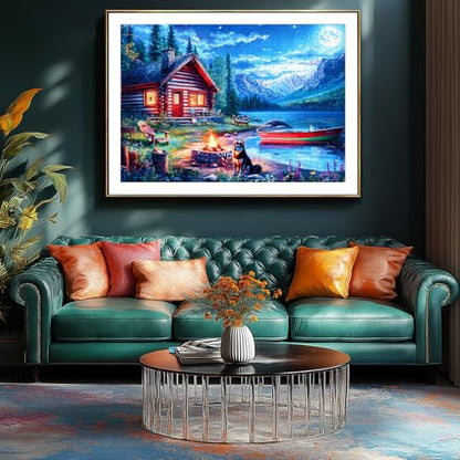 Moonlit Lake Cabin 500 Piece Jigsaw Puzzle for Adults & Seniors, Night Scenery Puzzle with Log Cabin, Lake, Mountains Adult Jigsaw Puzzles with Letters on Back Fun Family Puzzle Gift - color: Colorful-moonlit Lake Cabin
