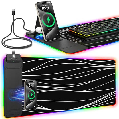 RGB Mouse Pad with Foldable Phone Stand Wireless Charger, 31.5"x11.8" XL Gaming Mousepad Large Desk Mat, Desk Pad with 11 Colors 5 Modes, Waterproof - color: Black Touch Control Stand XL Line