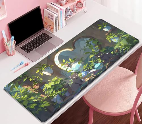 Lofi Cat Mouse Pad Green Plant Desk Pad,Black Cat Extended Gaming Mouse Mat with Stitched Edges Non-Slip Waterproof Rubber Base Mous Mat for Office,Computer,Keyboard,Laptop,Home Desk Pad(27.5X11.8 in) - color: Two Black Cat
