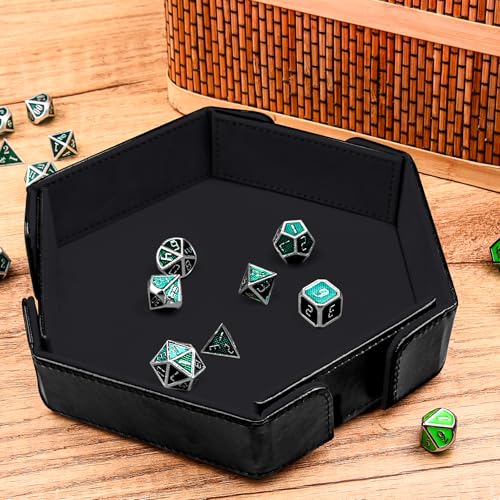 SIQUK Magnetic Folding Dice Tray Hexagon Dice Rolling Tray PU Leather Dice Trays Foldable Dice Holder Dice Rolling Mat Storage Box for D&D RPG Dice Games, Black - color: Black