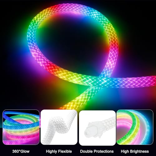 maylit 10 Ft ICRGB Reticulate Weave Rope Lights | 360° Luminous Usb-powered Lights with Music Sync and DIY Effects for Gaming Rooms and Bedrooms
