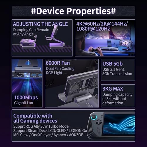 6-in-1 Gaming Docking Station, Built-in Cooling Fan & RGB Light, 4K@60Hz HDMI, Gigabit Ethernet, 100W PD Charging, Adjustable Stand, Portable Dock for Steam Deck, ROG Ally, Legion Go