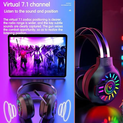 Gaming Headset,7.1 Surround Sound Wired Gaming Headset with Noise Cancelling Mic, Ultra Stable Headphones with 50mm Drivers Memory Foam, RGB Light, Black - color: Black