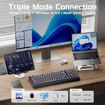 Aula F99 Wireless Mechanical Keyboard, Side Printed PBT Keycaps, Gasket Structure Hot Swappable, Creamy Sound, RGB Backlit, Tri-Mode 2.4GHz/BT5.0/USB-C PC Gaming Keyboard for PC/Laptop/Tablet - color: Gradient Black