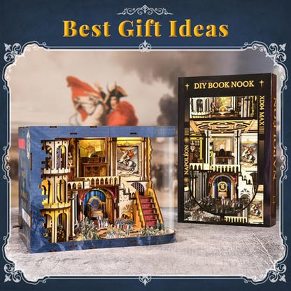 MiniCity Napoleon DIY Book Nook Kit, Wooden 3D Bookshelf Insert with LED | 7.1 x 9.1 x 7.1 in; 570 pieces, LED and dust cover; glue/tools and guide included; 8-10 hr DIY build for display, ages 14+. - style: Napoléon