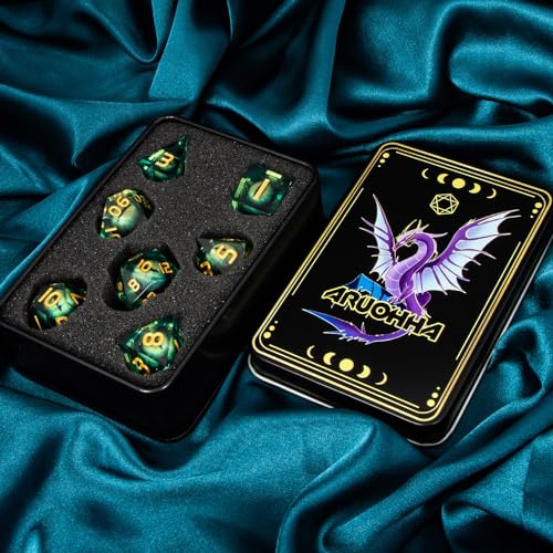 ARUOHHA DND Resin Dice Dragon Eye Liquid Core Polyhedral D and D Dice Set with Gift Box, Green Sharp Edged Dice Role Playing Game D20 D12 D10 D8 D6 D4 - color: Ly01-green