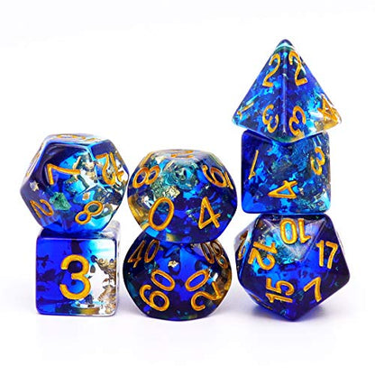 Haxtec DND Dice Set, 7 Pcs Gold Foil Resin Polyhedral Dice for Table Game | Blue D&D with Velvet Bag, Role Playing Game, Rounded Edge, Compatible with Dungeons and Dragons, Gifts for DND Lovers - color: Blue Clear