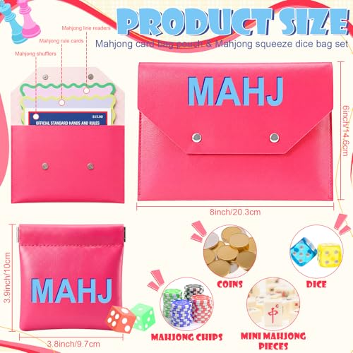 2 Pcs Leather Mahjong Card Bag Clutch Pouch Holder with PU Squeeze Dice Bag Mahjong Accessories Protector Cover Case for MAHJ Lover Playing Game Night(Hot Pink) - color: Hot Pink