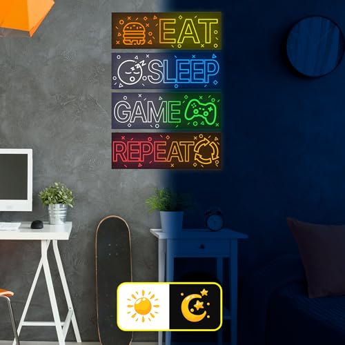 4 Pcs Glow in The Dark Neon Game Wall Stickers, Boys Gamer Room Wall Decals, EAT Sleep Game Repeat Gaming Sticker, Kids Bedroom PlayRoom Nursery Decor, Blue - color: Luminescent-043wscp-multi