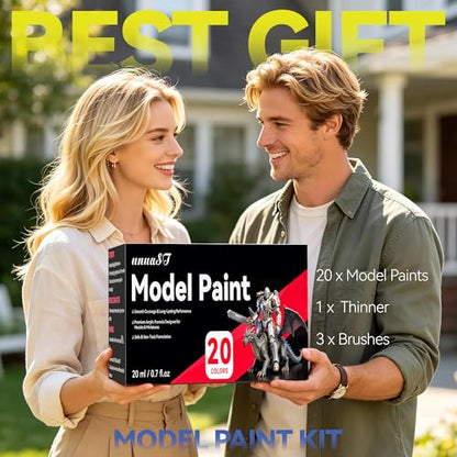 20 Colors Model Paint Set, Model Acrylic Paint Set for Brush & Airbrush Use | 0.7oz/20ml, Includes 3 Brushes & 1 Thinner, Ready to Use, Miniature Paint Set for Models, Gaming Figures, Crafts, 3D Paints