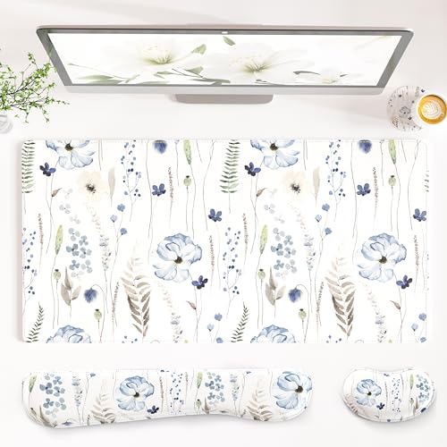 QIYI PU Leather Desk Mat Set, 4-in-1 Ergonomic Wrist Rest, Wildflowers | Waterproof Large Mouse Pad 31.5×15.7 + Keyboard Wrist Rest + Mouse Wrist Support+Coaster, Non-Slip Office Gaming Accessories - color: Watercolor Wildflowers